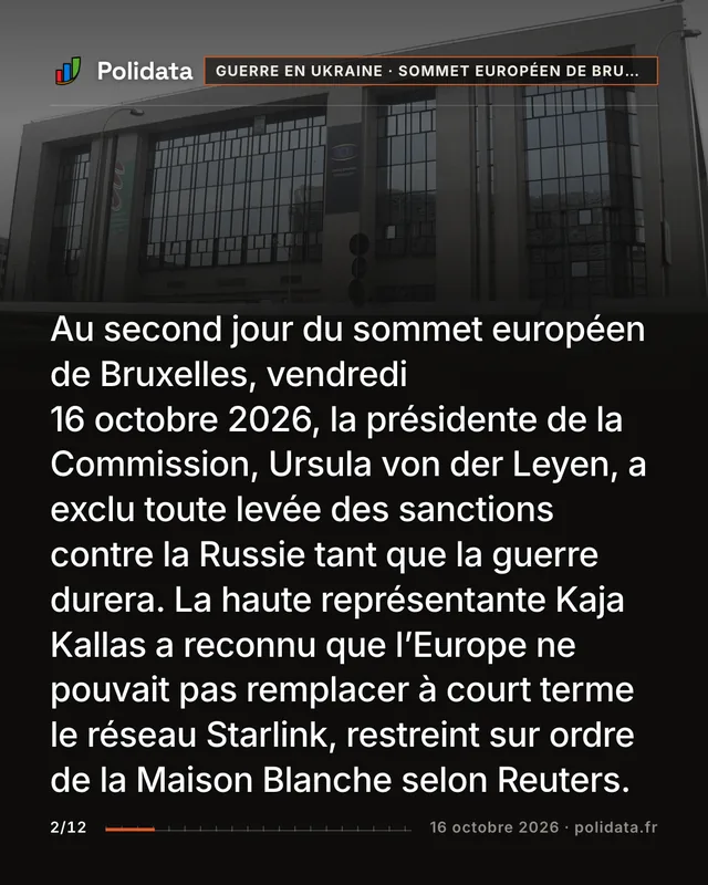 Au second jour du sommet européen de Bruxelles, vendredi 16 octobre 2026, la présidente de la Commission, Ursula von der Leyen, a exclu toute levée des sanctions contre la Russie tant que la guerre durera. La haute représentante Kaja Kallas a reconnu que l’Europe ne pouvait pas remplacer à court terme le réseau Starlink, restreint sur ordre de la Maison Blanche selon Reuters.