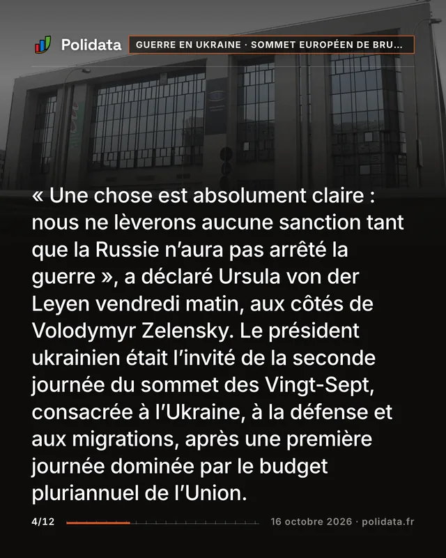 « Une chose est absolument claire : nous ne lèverons aucune sanction tant que la Russie n’aura pas arrêté la guerre », a déclaré Ursula von der Leyen vendredi matin, aux côtés de Volodymyr Zelensky. Le président ukrainien était l’invité de la seconde journée du sommet des Vingt-Sept, consacrée à l’Ukraine, à la défense et aux migrations, après une première journée dominée par le budget pluriannuel de l’Union.