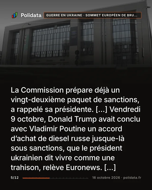 La Commission prépare déjà un vingt-deuxième paquet de sanctions, a rappelé sa présidente. […] Vendredi 9 octobre, Donald Trump avait conclu avec Vladimir Poutine un accord d’achat de diesel russe jusque-là sous sanctions, que le président ukrainien dit vivre comme une trahison, relève Euronews. […]
