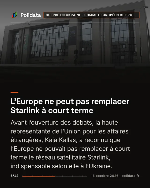 L’Europe ne peut pas remplacer Starlink à court terme Avant l’ouverture des débats, la haute représentante de l’Union pour les affaires étrangères, Kaja Kallas, a reconnu que l’Europe ne pouvait pas remplacer à court terme le réseau satellitaire Starlink, indispensable selon elle à l’Ukraine.