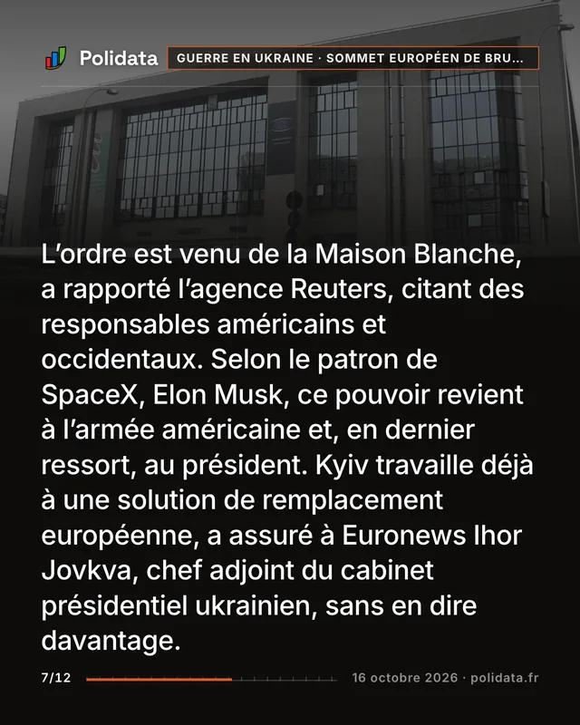 L’ordre est venu de la Maison Blanche, a rapporté l’agence Reuters, citant des responsables américains et occidentaux. Selon le patron de SpaceX, Elon Musk, ce pouvoir revient à l’armée américaine et, en dernier ressort, au président. Kyiv travaille déjà à une solution de remplacement européenne, a assuré à Euronews Ihor Jovkva, chef adjoint du cabinet présidentiel ukrainien, sans en dire davantage.
