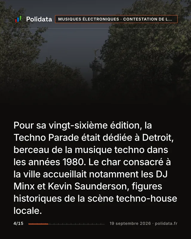 Pour sa vingt-sixième édition, la Techno Parade était dédiée à Detroit, berceau de la musique techno dans les années 1980. Le char consacré à la ville accueillait notamment les DJ Minx et Kevin Saunderson, figures historiques de la scène techno-house locale.