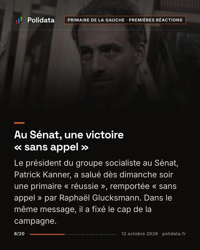 Au Sénat, une victoire « sans appel » Le président du groupe socialiste au Sénat, Patrick Kanner, a salué dès dimanche soir une primaire « réussie », remportée « sans appel » par Raphaël Glucksmann. Dans le même message, il a fixé le cap de la campagne.