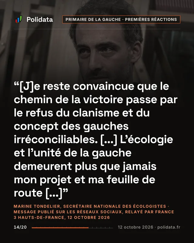[J]e reste convaincue que le chemin de la victoire passe par le refus du clanisme et du concept des gauches irréconciliables. [...] L’écologie et l’unité de la gauche demeurent plus que jamais mon projet et ma feuille de route [...]