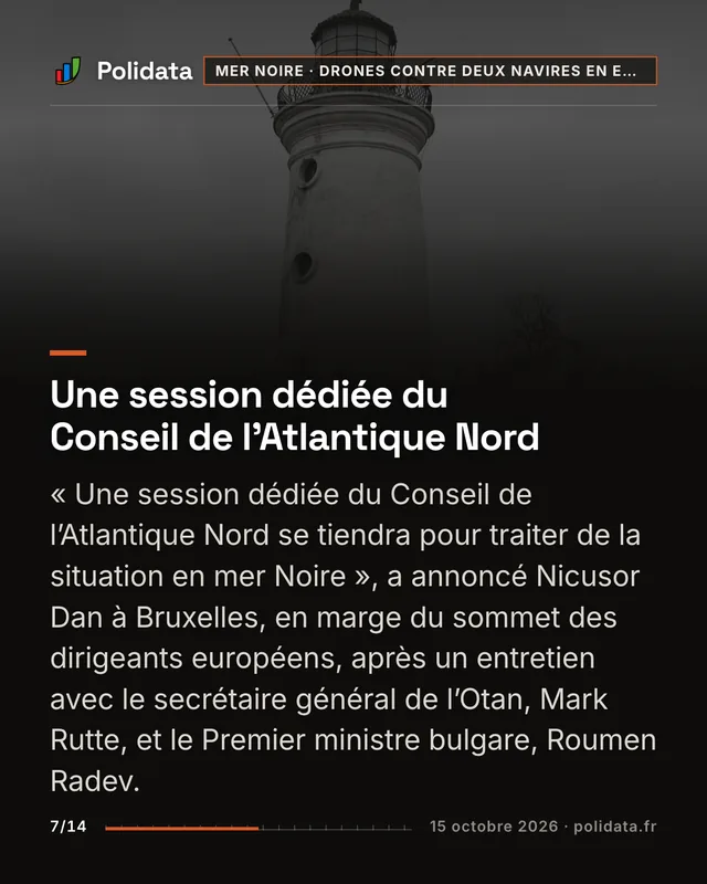 Une session dédiée du Conseil de l’Atlantique Nord « Une session dédiée du Conseil de l’Atlantique Nord se tiendra pour traiter de la situation en mer Noire », a annoncé Nicusor Dan à Bruxelles, en marge du sommet des dirigeants européens, après un entretien avec le secrétaire général de l’Otan, Mark Rutte, et le Premier ministre bulgare, Roumen Radev.