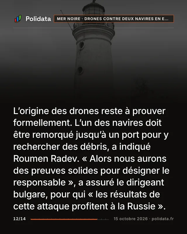 L’origine des drones reste à prouver formellement. L’un des navires doit être remorqué jusqu’à un port pour y rechercher des débris, a indiqué Roumen Radev. « Alors nous aurons des preuves solides pour désigner le responsable », a assuré le dirigeant bulgare, pour qui « les résultats de cette attaque profitent à la Russie ».