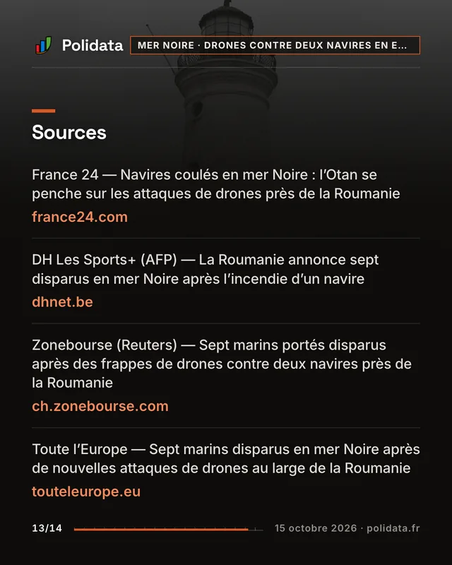 Diapositive 13 sur 14 — Deux navires frappés par des drones en mer Noire, sept marins disparus au large de la Roumanie