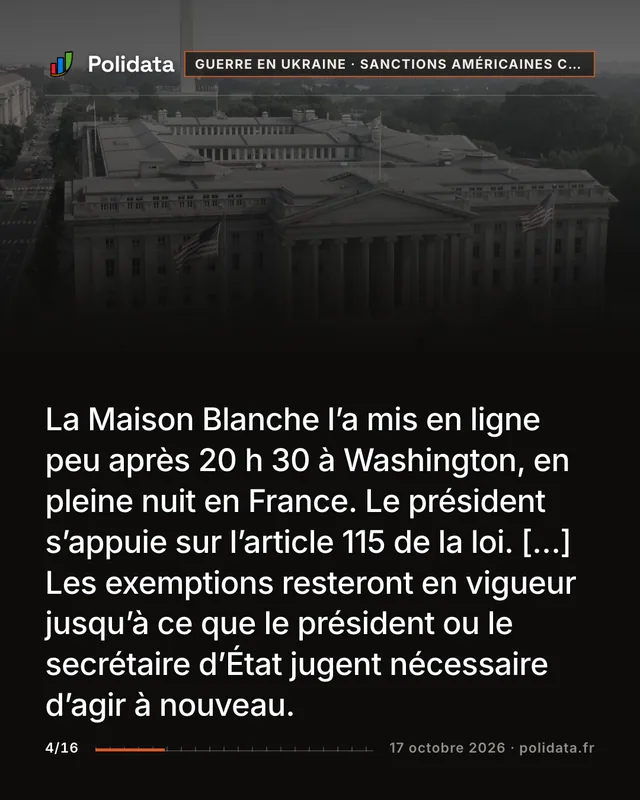 La Maison Blanche l’a mis en ligne peu après 20 h 30 à Washington, en pleine nuit en France. Le président s’appuie sur l’article 115 de la loi. […] Les exemptions resteront en vigueur jusqu’à ce que le président ou le secrétaire d’État jugent nécessaire d’agir à nouveau.
