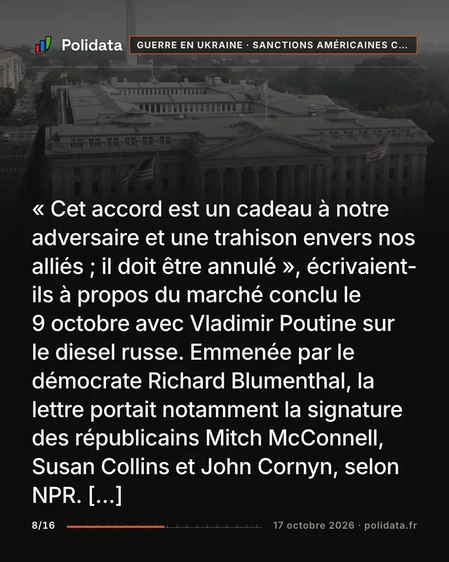 « Cet accord est un cadeau à notre adversaire et une trahison envers nos alliés ; il doit être annulé », écrivaient-ils à propos du marché conclu le 9 octobre avec Vladimir Poutine sur le diesel russe. Emmenée par le démocrate Richard Blumenthal, la lettre portait notamment la signature des républicains Mitch McConnell, Susan Collins et John Cornyn, selon NPR. […]