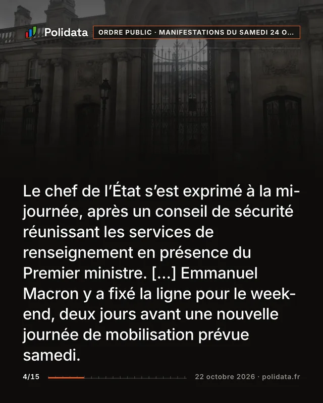 Le chef de l’État s’est exprimé à la mi-journée, après un conseil de sécurité réunissant les services de renseignement en présence du Premier ministre. […] Emmanuel Macron y a fixé la ligne pour le week-end, deux jours avant une nouvelle journée de mobilisation prévue samedi.
