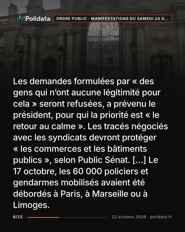 Les demandes formulées par « des gens qui n’ont aucune légitimité pour cela » seront refusées, a prévenu le président, pour qui la priorité est « le retour au calme ». Les tracés négociés avec les syndicats devront protéger « les commerces et les bâtiments publics », selon Public Sénat. […] Le 17 octobre, les 60 000 policiers et gendarmes mobilisés avaient été débordés à Paris, à Marseille ou à Limoges.