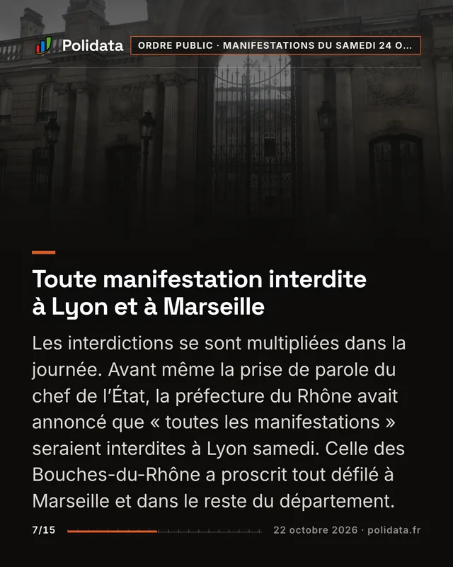 Toute manifestation interdite à Lyon et à Marseille Les interdictions se sont multipliées dans la journée. Avant même la prise de parole du chef de l’État, la préfecture du Rhône avait annoncé que « toutes les manifestations » seraient interdites à Lyon samedi. Celle des Bouches-du-Rhône a proscrit tout défilé à Marseille et dans le reste du département.