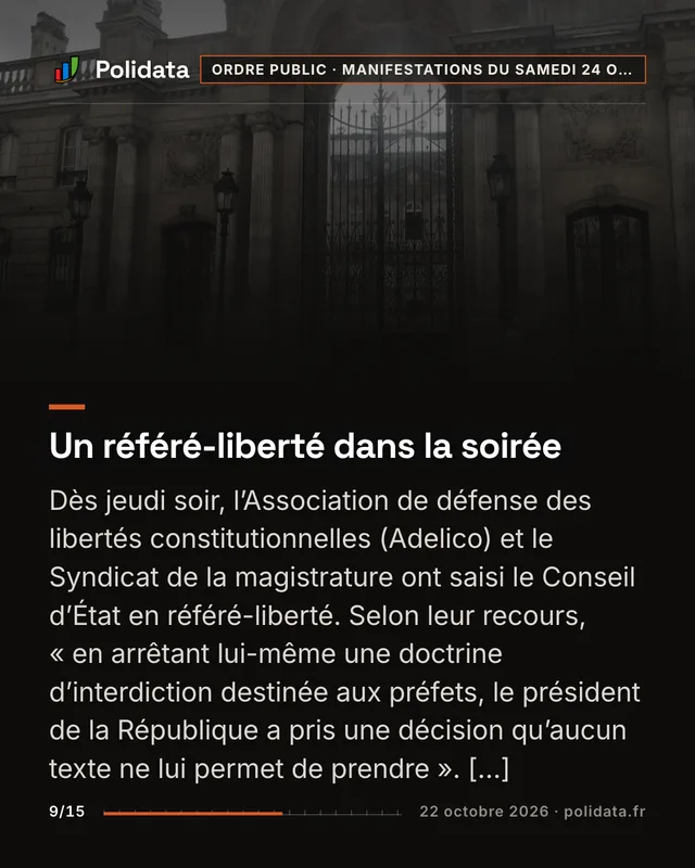 Un référé-liberté dans la soirée Dès jeudi soir, l’Association de défense des libertés constitutionnelles (Adelico) et le Syndicat de la magistrature ont saisi le Conseil d’État en référé-liberté. Selon leur recours, « en arrêtant lui-même une doctrine d’interdiction destinée aux préfets, le président de la République a pris une décision qu’aucun texte ne lui permet de prendre ». […]