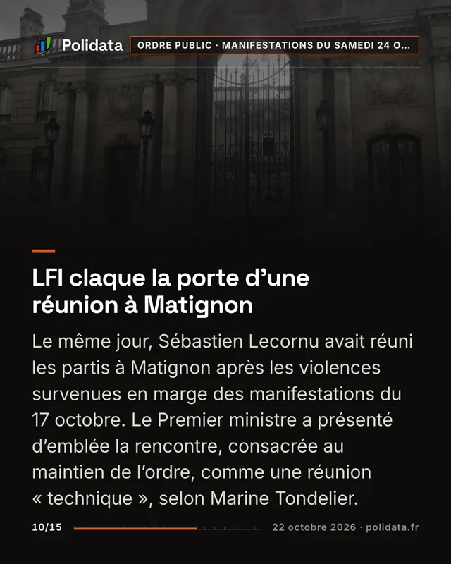LFI claque la porte d’une réunion à Matignon Le même jour, Sébastien Lecornu avait réuni les partis à Matignon après les violences survenues en marge des manifestations du 17 octobre. Le Premier ministre a présenté d’emblée la rencontre, consacrée au maintien de l’ordre, comme une réunion « technique », selon Marine Tondelier.