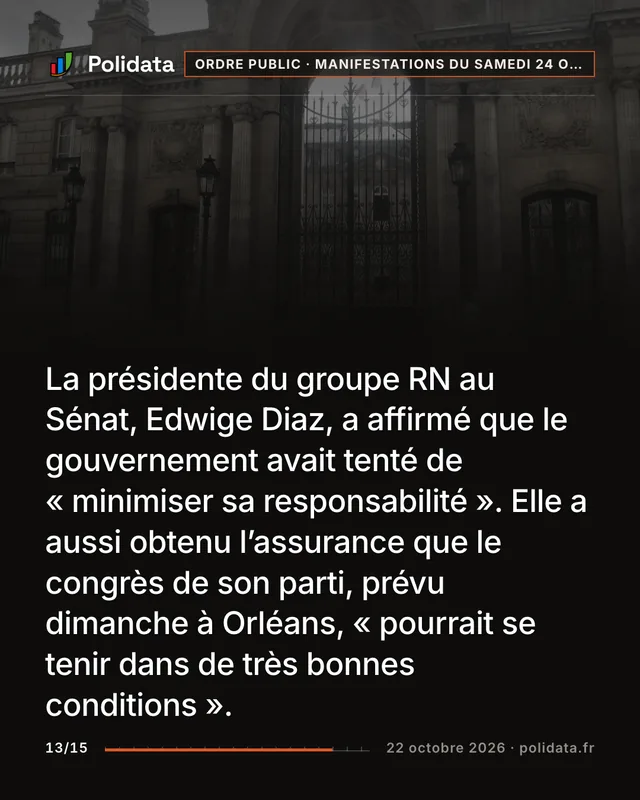 La présidente du groupe RN au Sénat, Edwige Diaz, a affirmé que le gouvernement avait tenté de « minimiser sa responsabilité ». Elle a aussi obtenu l’assurance que le congrès de son parti, prévu dimanche à Orléans, « pourrait se tenir dans de très bonnes conditions ».