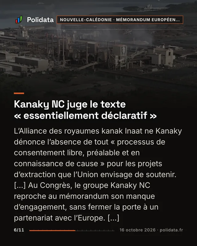 Kanaky NC juge le texte « essentiellement déclaratif » L’Alliance des royaumes kanak Inaat ne Kanaky dénonce l’absence de tout « processus de consentement libre, préalable et en connaissance de cause » pour les projets d’extraction que l’Union envisage de soutenir. […] Au Congrès, le groupe Kanaky NC reproche au mémorandum son manque d’engagement, sans fermer la porte à un partenariat avec l’Europe. […]