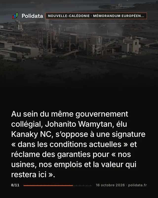 Au sein du même gouvernement collégial, Johanito Wamytan, élu Kanaky NC, s’oppose à une signature « dans les conditions actuelles » et réclame des garanties pour « nos usines, nos emplois et la valeur qui restera ici ».