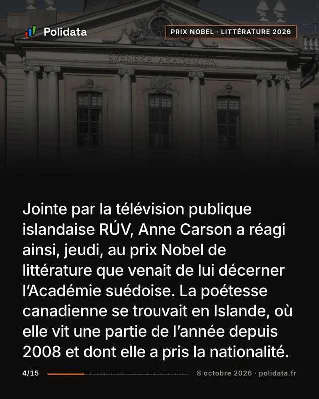 Jointe par la télévision publique islandaise RÚV, Anne Carson a réagi ainsi, jeudi, au prix Nobel de littérature que venait de lui décerner l’Académie suédoise. La poétesse canadienne se trouvait en Islande, où elle vit une partie de l’année depuis 2008 et dont elle a pris la nationalité.