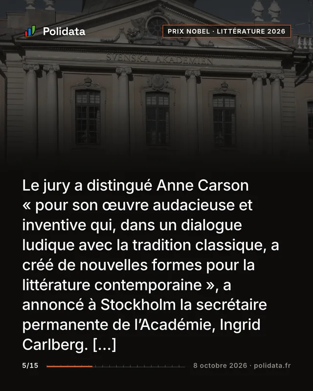Le jury a distingué Anne Carson « pour son œuvre audacieuse et inventive qui, dans un dialogue ludique avec la tradition classique, a créé de nouvelles formes pour la littérature contemporaine », a annoncé à Stockholm la secrétaire permanente de l’Académie, Ingrid Carlberg. […]