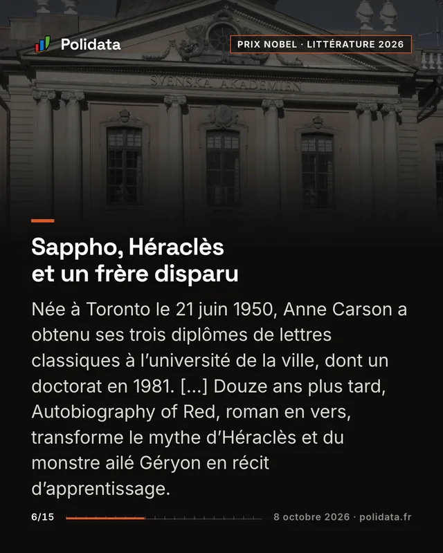 Sappho, Héraclès et un frère disparu Née à Toronto le 21 juin 1950, Anne Carson a obtenu ses trois diplômes de lettres classiques à l’université de la ville, dont un doctorat en 1981. […] Douze ans plus tard, Autobiography of Red, roman en vers, transforme le mythe d’Héraclès et du monstre ailé Géryon en récit d’apprentissage.