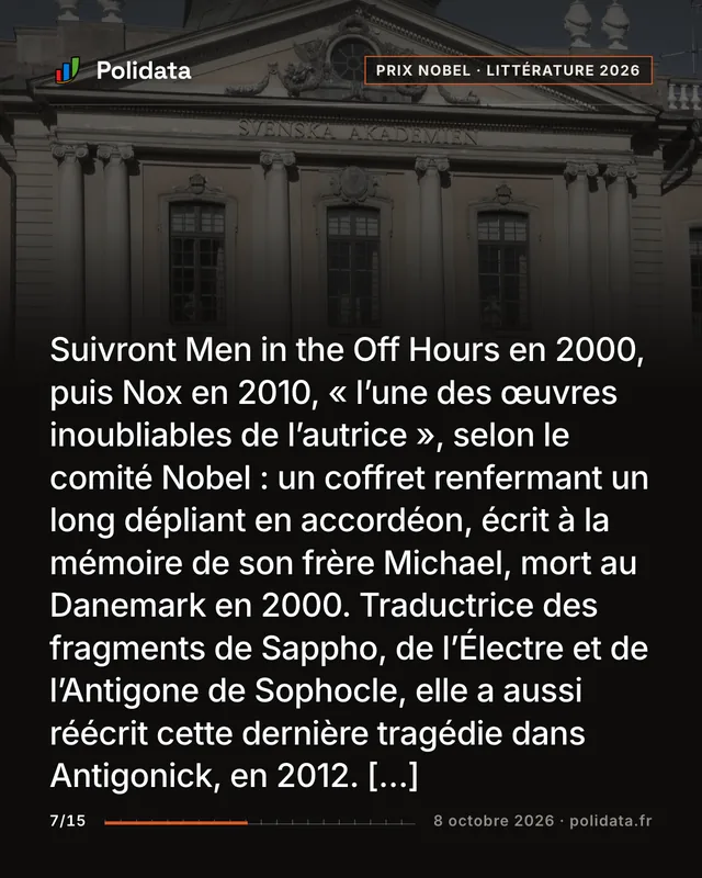 Suivront Men in the Off Hours en 2000, puis Nox en 2010, « l’une des œuvres inoubliables de l’autrice », selon le comité Nobel : un coffret renfermant un long dépliant en accordéon, écrit à la mémoire de son frère Michael, mort au Danemark en 2000. Traductrice des fragments de Sappho, de l’Électre et de l’Antigone de Sophocle, elle a aussi réécrit cette dernière tragédie dans Antigonick, en 2012. […]