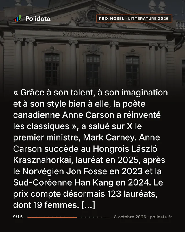 « Grâce à son talent, à son imagination et à son style bien à elle, la poète canadienne Anne Carson a réinventé les classiques », a salué sur X le premier ministre, Mark Carney. Anne Carson succède au Hongrois László Krasznahorkai, lauréat en 2025, après le Norvégien Jon Fosse en 2023 et la Sud-Coréenne Han Kang en 2024. Le prix compte désormais 123 lauréats, dont 19 femmes. […]