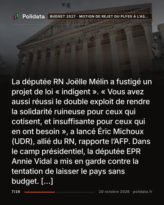 La députée RN Joëlle Mélin a fustigé un projet de loi « indigent ». « Vous avez aussi réussi le double exploit de rendre la solidarité ruineuse pour ceux qui cotisent, et insuffisante pour ceux qui en ont besoin », a lancé Éric Michoux (UDR), allié du RN, rapporte l’AFP. Dans le camp présidentiel, la députée EPR Annie Vidal a mis en garde contre la tentation de laisser le pays sans budget. […]