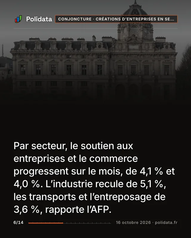 Par secteur, le soutien aux entreprises et le commerce progressent sur le mois, de 4,1 % et 4,0 %. L’industrie recule de 5,1 %, les transports et l’entreposage de 3,6 %, rapporte l’AFP.