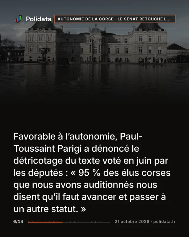 Favorable à l’autonomie, Paul-Toussaint Parigi a dénoncé le détricotage du texte voté en juin par les députés : « 95 % des élus corses que nous avons auditionnés nous disent qu’il faut avancer et passer à un autre statut. »