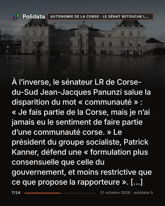 À l’inverse, le sénateur LR de Corse-du-Sud Jean-Jacques Panunzi salue la disparition du mot « communauté » : « Je fais partie de la Corse, mais je n’ai jamais eu le sentiment de faire partie d’une communauté corse. » Le président du groupe socialiste, Patrick Kanner, défend une « formulation plus consensuelle que celle du gouvernement, et moins restrictive que ce que propose la rapporteure ». […]