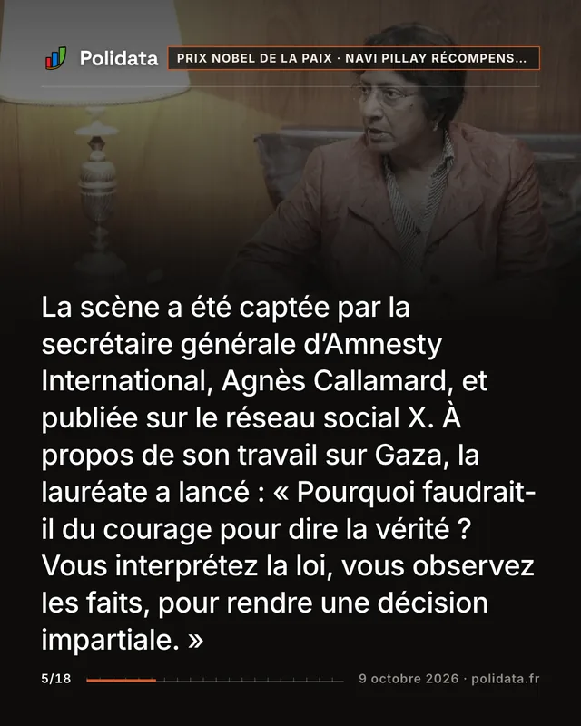 La scène a été captée par la secrétaire générale d’Amnesty International, Agnès Callamard, et publiée sur le réseau social X. À propos de son travail sur Gaza, la lauréate a lancé : « Pourquoi faudrait-il du courage pour dire la vérité ? Vous interprétez la loi, vous observez les faits, pour rendre une décision impartiale. »