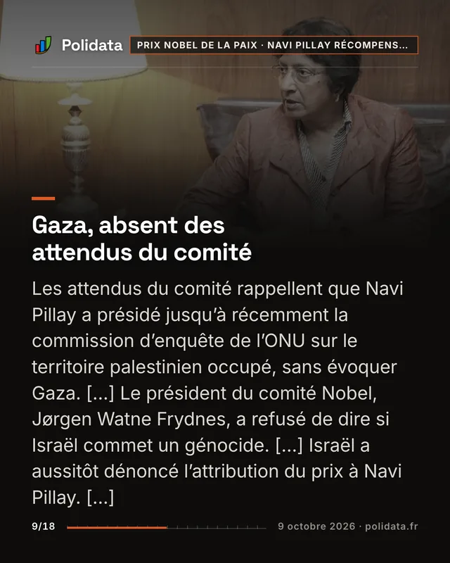 Gaza, absent des attendus du comité Les attendus du comité rappellent que Navi Pillay a présidé jusqu’à récemment la commission d’enquête de l’ONU sur le territoire palestinien occupé, sans évoquer Gaza. […] Le président du comité Nobel, Jørgen Watne Frydnes, a refusé de dire si Israël commet un génocide. […] Israël a aussitôt dénoncé l’attribution du prix à Navi Pillay. […]