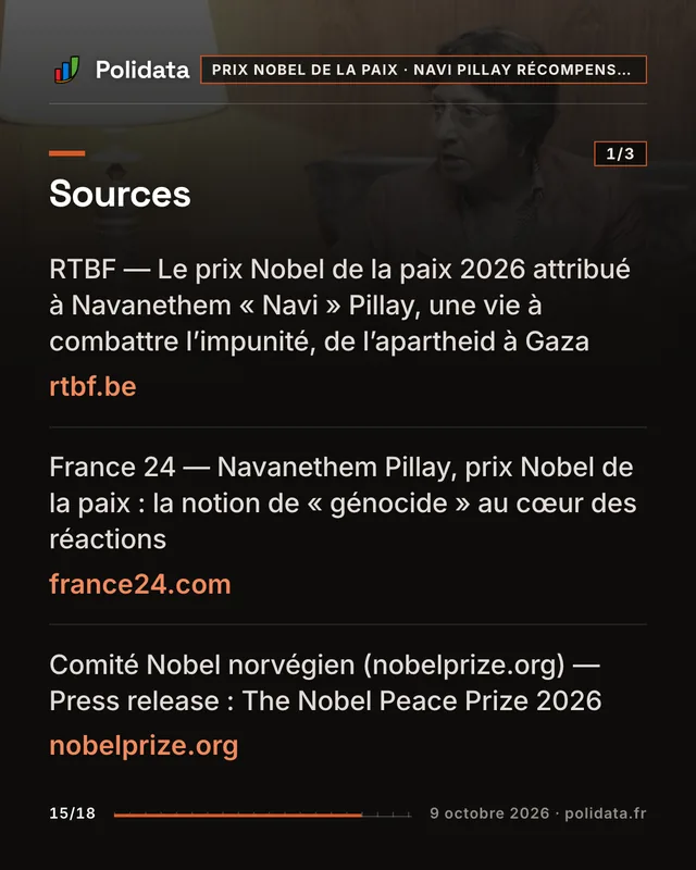Diapositive 15 sur 18 — La juriste sud-africaine Navi Pillay reçoit le prix Nobel de la paix 2026