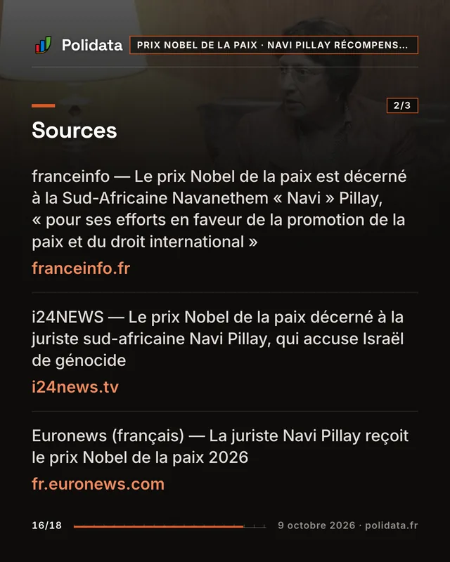 Diapositive 16 sur 18 — La juriste sud-africaine Navi Pillay reçoit le prix Nobel de la paix 2026