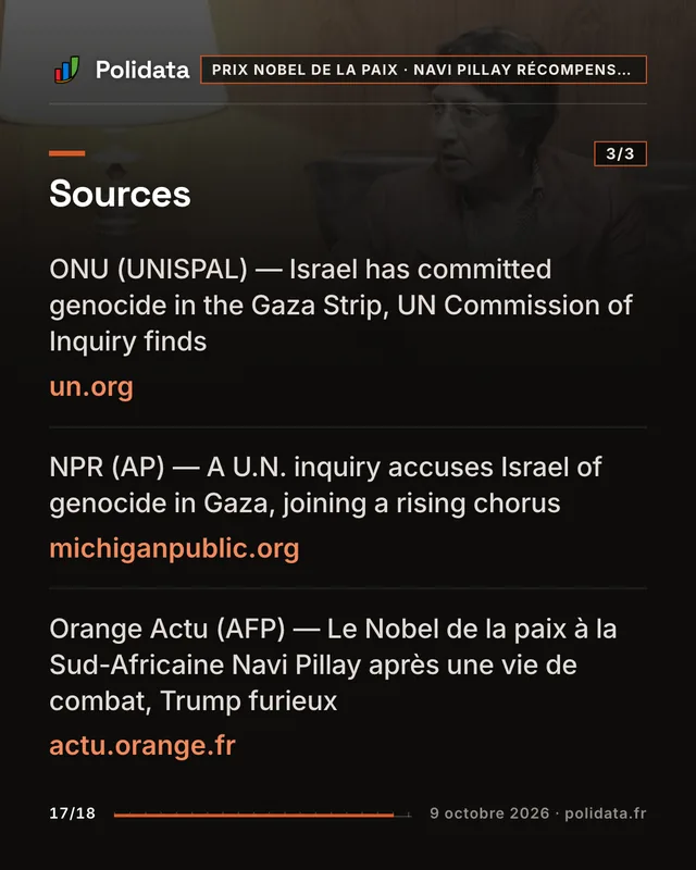 Diapositive 17 sur 18 — La juriste sud-africaine Navi Pillay reçoit le prix Nobel de la paix 2026