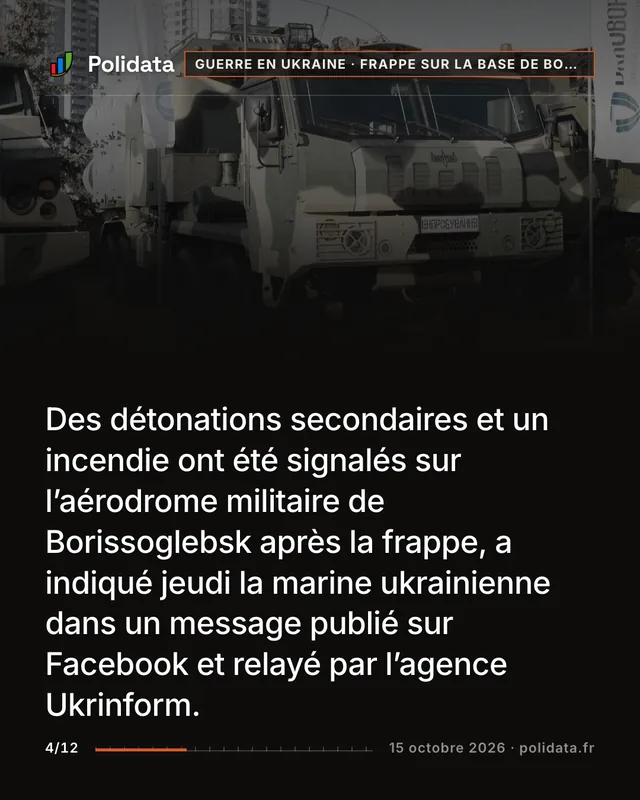 Des détonations secondaires et un incendie ont été signalés sur l’aérodrome militaire de Borissoglebsk après la frappe, a indiqué jeudi la marine ukrainienne dans un message publié sur Facebook et relayé par l’agence Ukrinform.