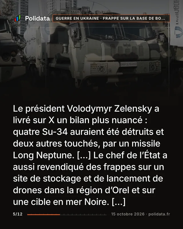 Le président Volodymyr Zelensky a livré sur X un bilan plus nuancé : quatre Su-34 auraient été détruits et deux autres touchés, par un missile Long Neptune. […] Le chef de l’État a aussi revendiqué des frappes sur un site de stockage et de lancement de drones dans la région d’Orel et sur une cible en mer Noire. […]