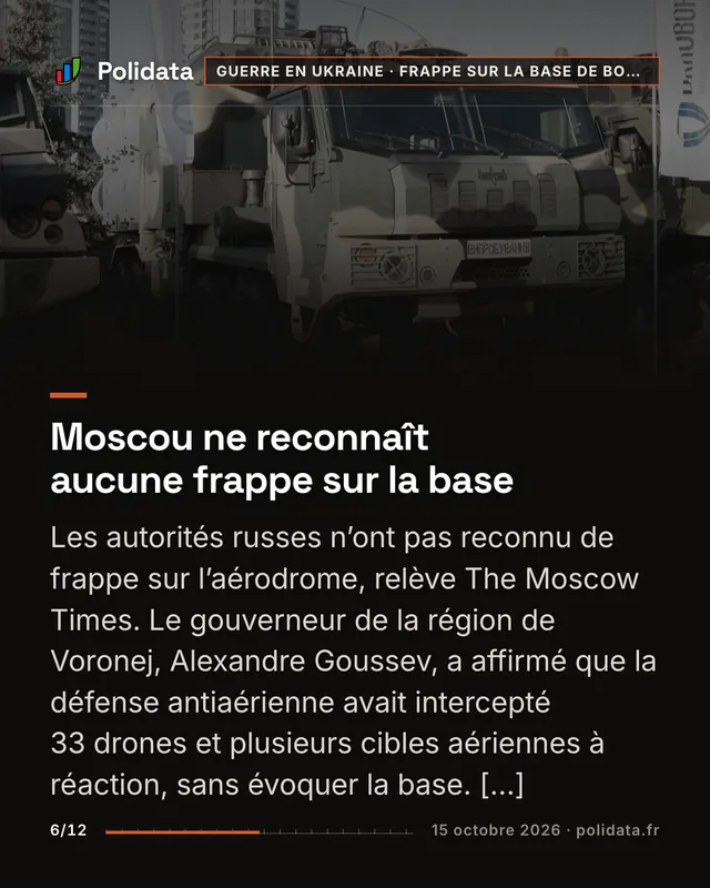 Moscou ne reconnaît aucune frappe sur la base Les autorités russes n’ont pas reconnu de frappe sur l’aérodrome, relève The Moscow Times. Le gouverneur de la région de Voronej, Alexandre Goussev, a affirmé que la défense antiaérienne avait intercepté 33 drones et plusieurs cibles aériennes à réaction, sans évoquer la base. […]
