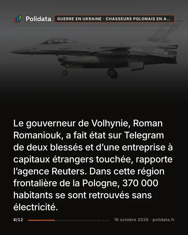 Le gouverneur de Volhynie, Roman Romaniouk, a fait état sur Telegram de deux blessés et d’une entreprise à capitaux étrangers touchée, rapporte l’agence Reuters. Dans cette région frontalière de la Pologne, 370 000 habitants se sont retrouvés sans électricité.