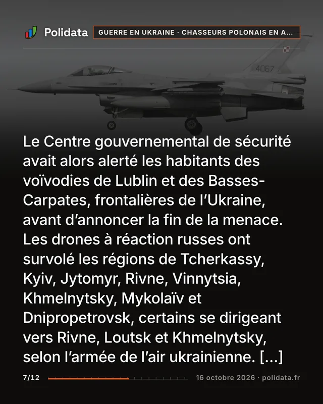 Le Centre gouvernemental de sécurité avait alors alerté les habitants des voïvodies de Lublin et des Basses-Carpates, frontalières de l’Ukraine, avant d’annoncer la fin de la menace. Les drones à réaction russes ont survolé les régions de Tcherkassy, Kyiv, Jytomyr, Rivne, Vinnytsia, Khmelnytsky, Mykolaïv et Dnipropetrovsk, certains se dirigeant vers Rivne, Loutsk et Khmelnytsky, selon l’armée de l’air ukrainienne. […]