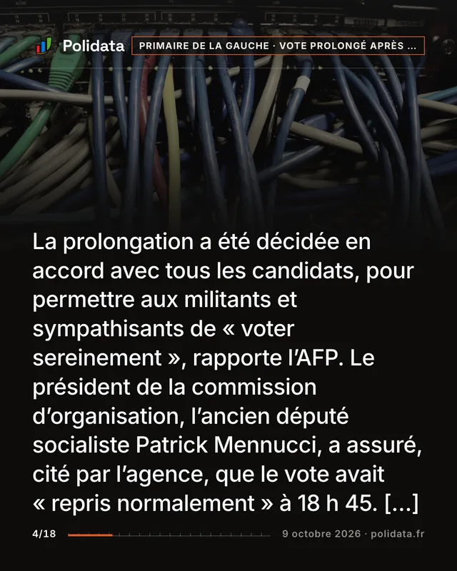 La prolongation a été décidée en accord avec tous les candidats, pour permettre aux militants et sympathisants de « voter sereinement », rapporte l’AFP. Le président de la commission d’organisation, l’ancien député socialiste Patrick Mennucci, a assuré, cité par l’agence, que le vote avait « repris normalement » à 18 h 45. […]