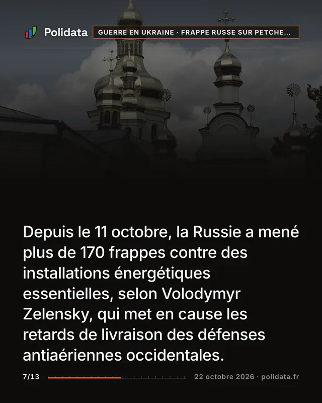 Depuis le 11 octobre, la Russie a mené plus de 170 frappes contre des installations énergétiques essentielles, selon Volodymyr Zelensky, qui met en cause les retards de livraison des défenses antiaériennes occidentales.