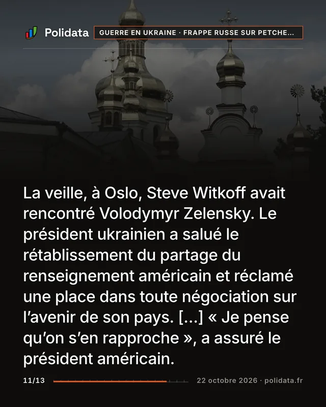 La veille, à Oslo, Steve Witkoff avait rencontré Volodymyr Zelensky. Le président ukrainien a salué le rétablissement du partage du renseignement américain et réclamé une place dans toute négociation sur l’avenir de son pays. […] « Je pense qu’on s’en rapproche », a assuré le président américain.