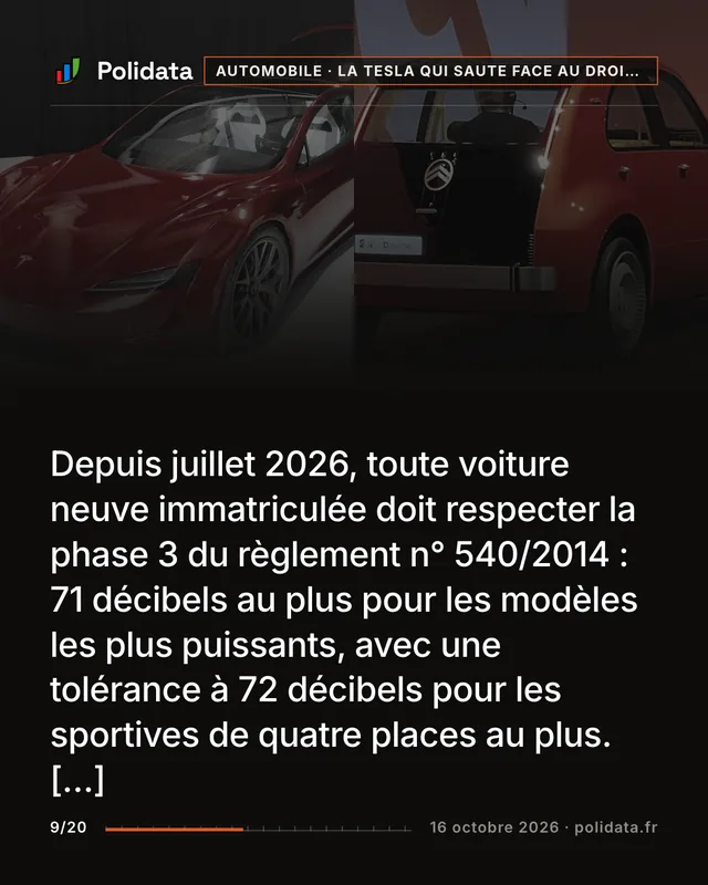 Depuis juillet 2026, toute voiture neuve immatriculée doit respecter la phase 3 du règlement n° 540/2014 : 71 décibels au plus pour les modèles les plus puissants, avec une tolérance à 72 décibels pour les sportives de quatre places au plus. […]