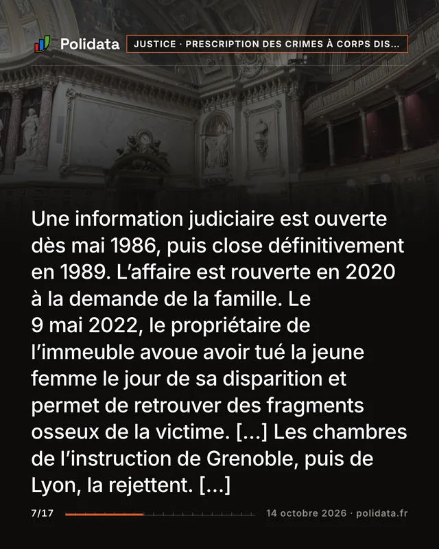Une information judiciaire est ouverte dès mai 1986, puis close définitivement en 1989. L’affaire est rouverte en 2020 à la demande de la famille. Le 9 mai 2022, le propriétaire de l’immeuble avoue avoir tué la jeune femme le jour de sa disparition et permet de retrouver des fragments osseux de la victime. […] Les chambres de l’instruction de Grenoble, puis de Lyon, la rejettent. […]