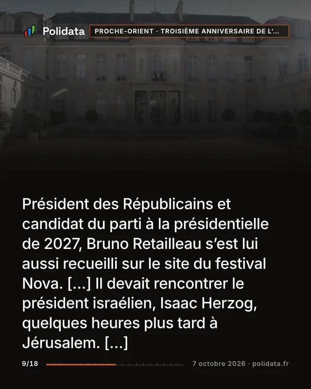 Président des Républicains et candidat du parti à la présidentielle de 2027, Bruno Retailleau s’est lui aussi recueilli sur le site du festival Nova. […] Il devait rencontrer le président israélien, Isaac Herzog, quelques heures plus tard à Jérusalem. […]