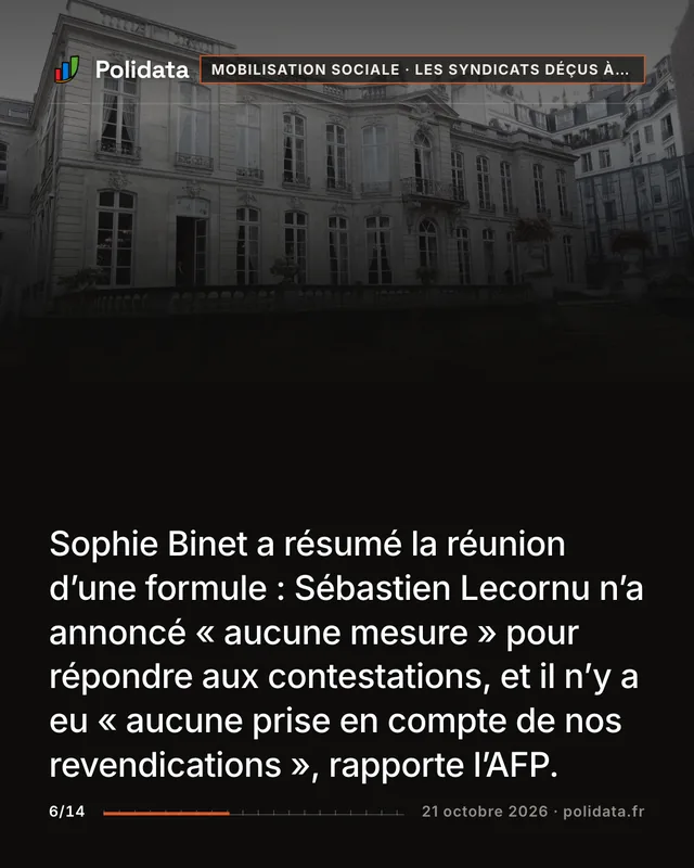 Sophie Binet a résumé la réunion d’une formule : Sébastien Lecornu n’a annoncé « aucune mesure » pour répondre aux contestations, et il n’y a eu « aucune prise en compte de nos revendications », rapporte l’AFP.