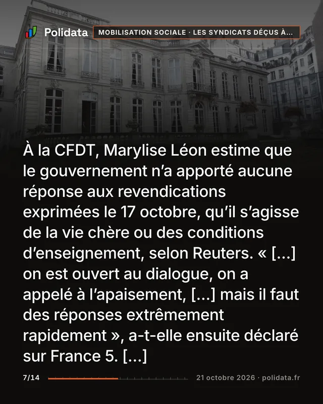 À la CFDT, Marylise Léon estime que le gouvernement n’a apporté aucune réponse aux revendications exprimées le 17 octobre, qu’il s’agisse de la vie chère ou des conditions d’enseignement, selon Reuters. « […] on est ouvert au dialogue, on a appelé à l’apaisement, […] mais il faut des réponses extrêmement rapidement », a-t-elle ensuite déclaré sur France 5. […]