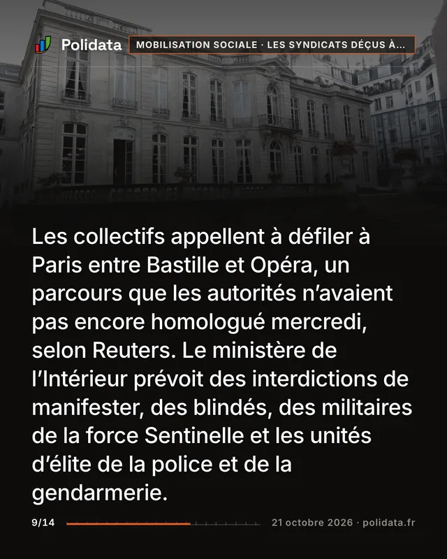 Les collectifs appellent à défiler à Paris entre Bastille et Opéra, un parcours que les autorités n’avaient pas encore homologué mercredi, selon Reuters. Le ministère de l’Intérieur prévoit des interdictions de manifester, des blindés, des militaires de la force Sentinelle et les unités d’élite de la police et de la gendarmerie.