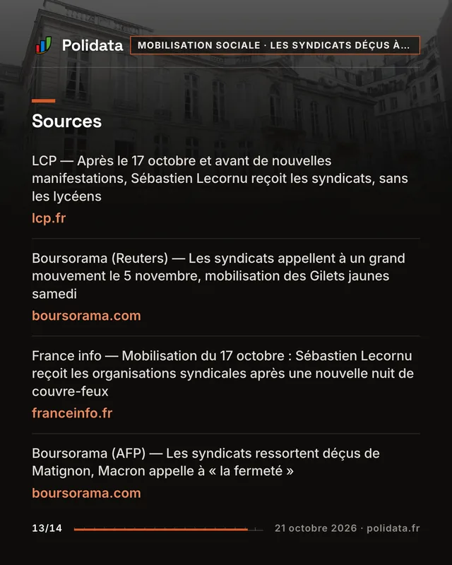 Diapositive 13 sur 14 — Reçus à Matignon par Sébastien Lecornu, les syndicats ressortent déçus et misent sur le 5 novembre